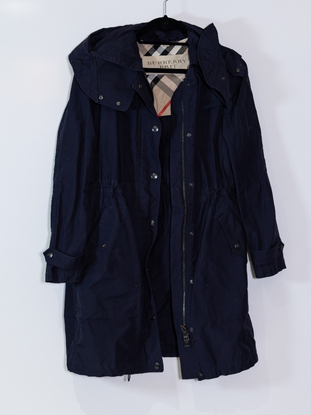 Burberry Brit Women's Full Zip Hooded Water Resistant Rain Trench Coat Jacket M